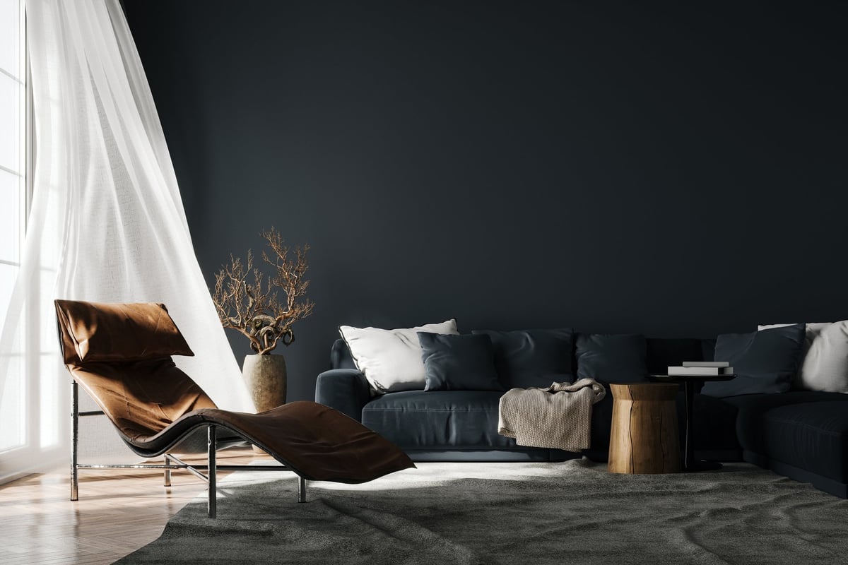 Modern living room with a black sofa and a freshly painted statement wall