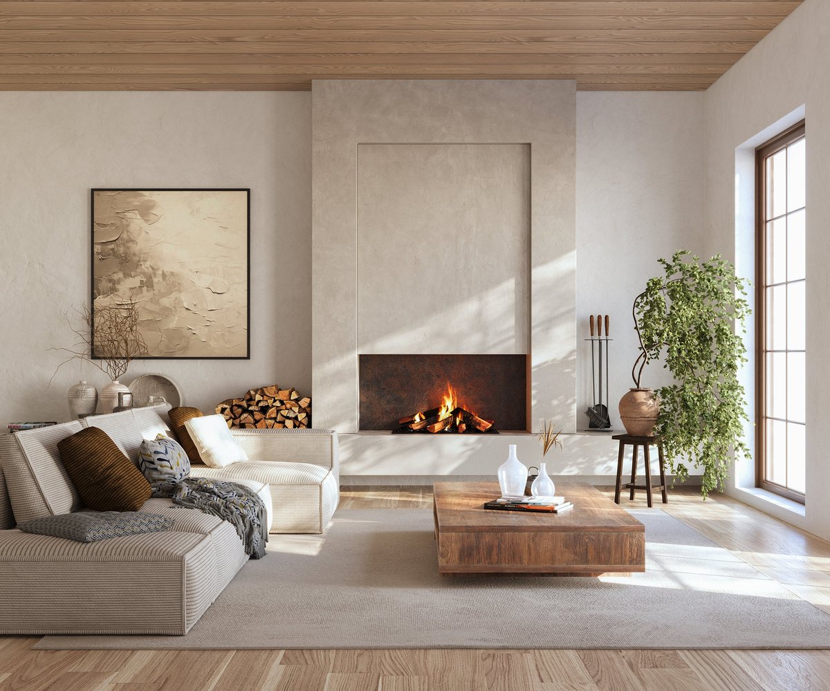 Minimalist living room with a freshly painted wall and modern fireplace